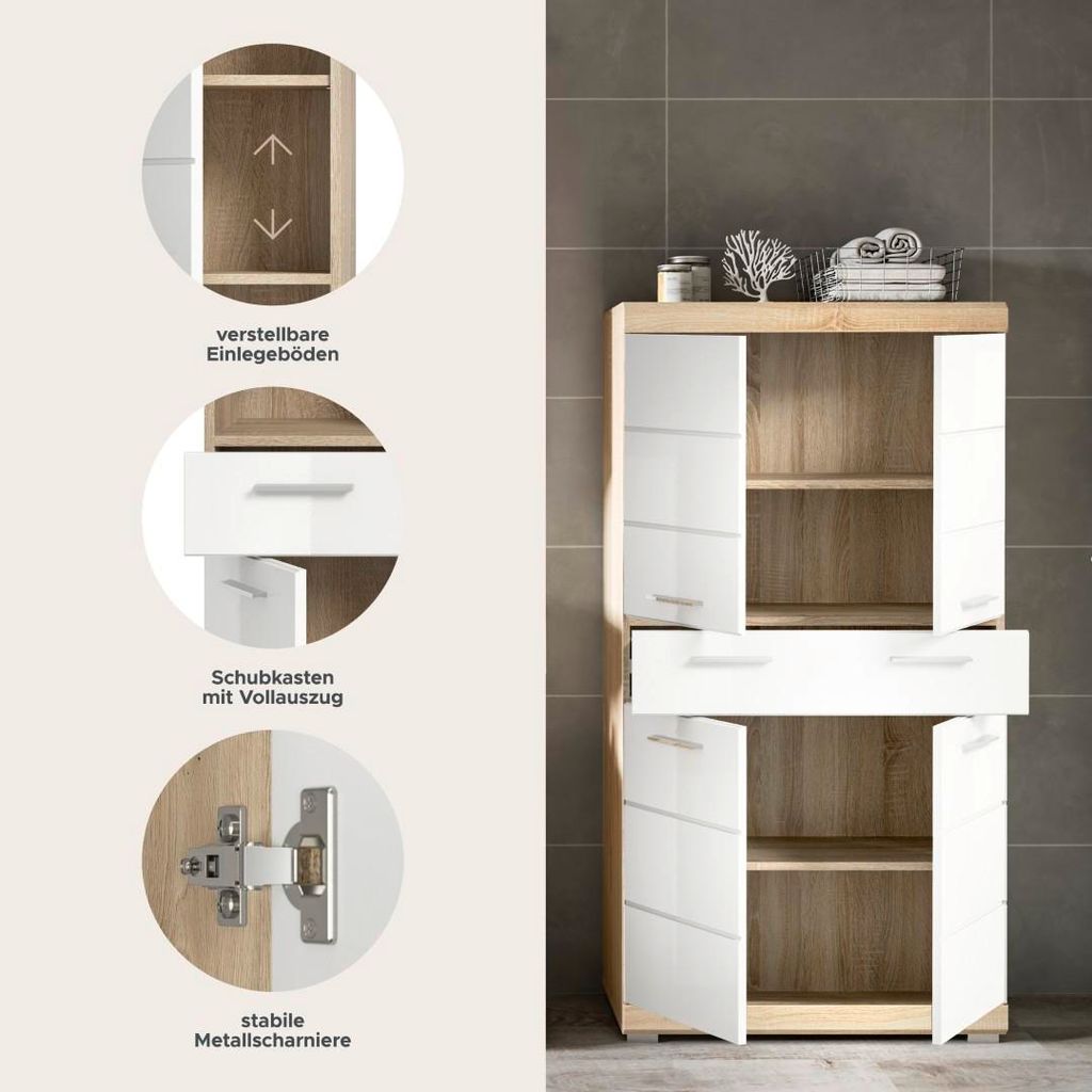 Lambada Hochschrank Bad 4 Türen, 1 Schublade Weiß hochglanz, Eiche Nachbildung.
