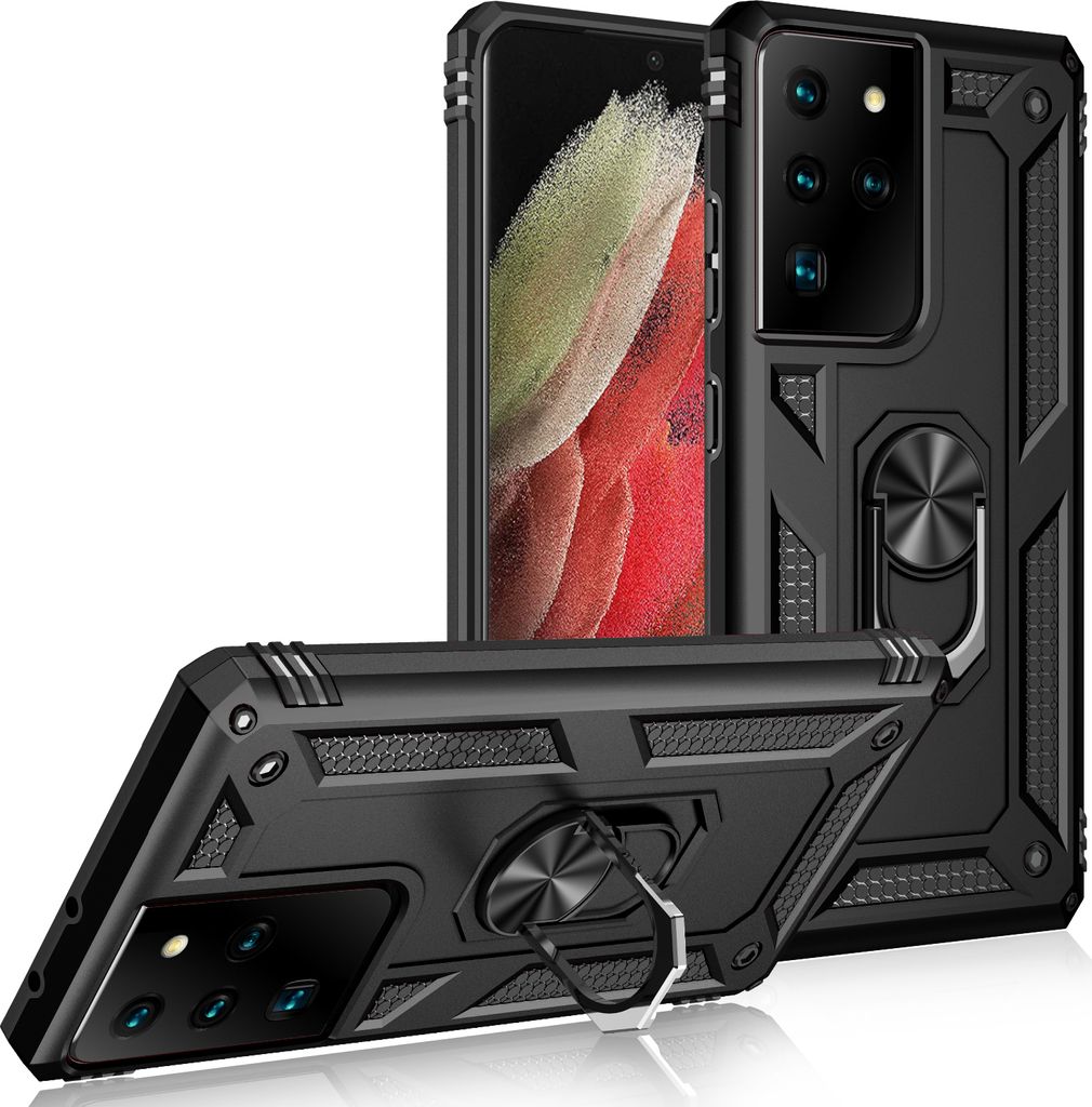 LaimTop Schutzhülle für Galaxy S21 Ultra 5G, Dual Layer Robust Militäre Fallschutz Hülle mit Ringhalterung Ständer Schwarz