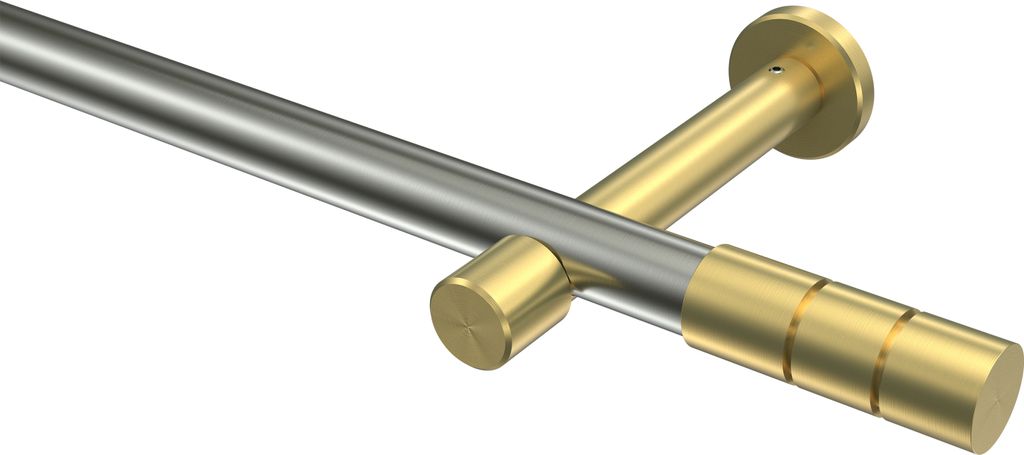 Interdeco Gardinenstange / Vorhangstange Edelstahl-Optik / Messing-Optik, Typ Prestige Elanto (Rillenzylinder) ohne Ringe, 20 mm Ø 1-läufig, 540 cm