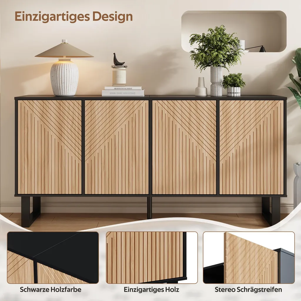 Buffet avec Façade à Rayures 3D et Aspect Bois Meuble Rangement Moderne