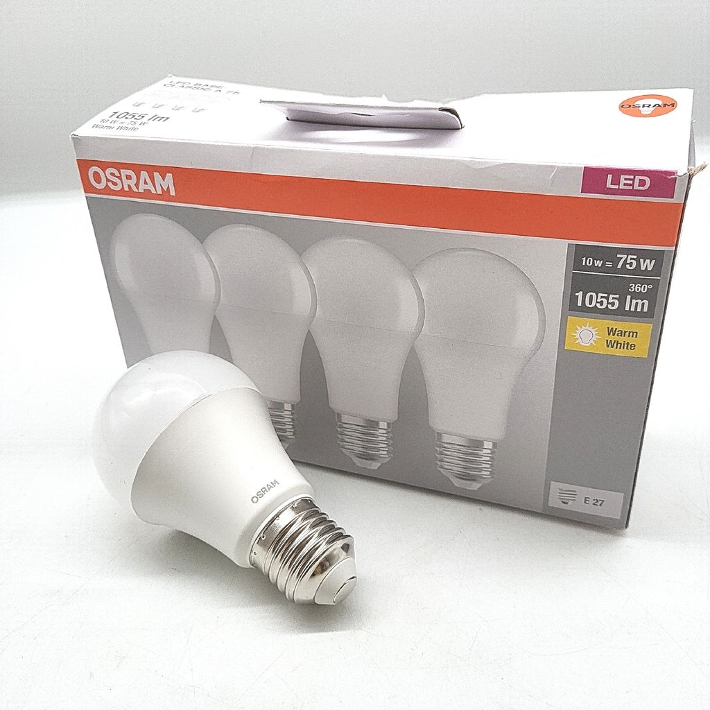 A product box for OSRAM LED light bulbs, with one bulb placed in front of it.
