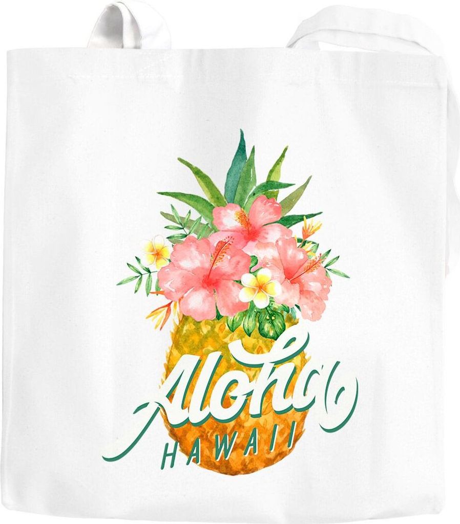 Jutebeutel Ananas Aloha Hawaii Blumen Pineapple Tropical Summer Jungle Paradise Hummingbird Baumwolltasche Stoffbeutel Autiga weiß unisize
