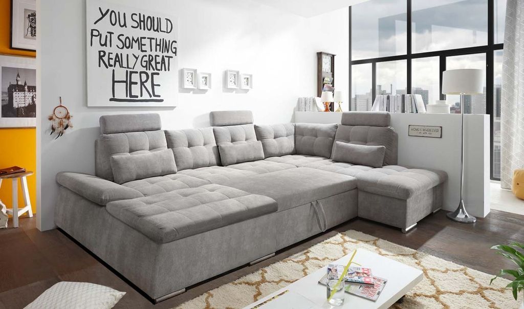 Couch "Nalo" Sofa Schlafcouch Bettsofa Schlafsofa Sofabett Wohnlandschaft ausziehbar schlamm grau Ottomane links U-Form