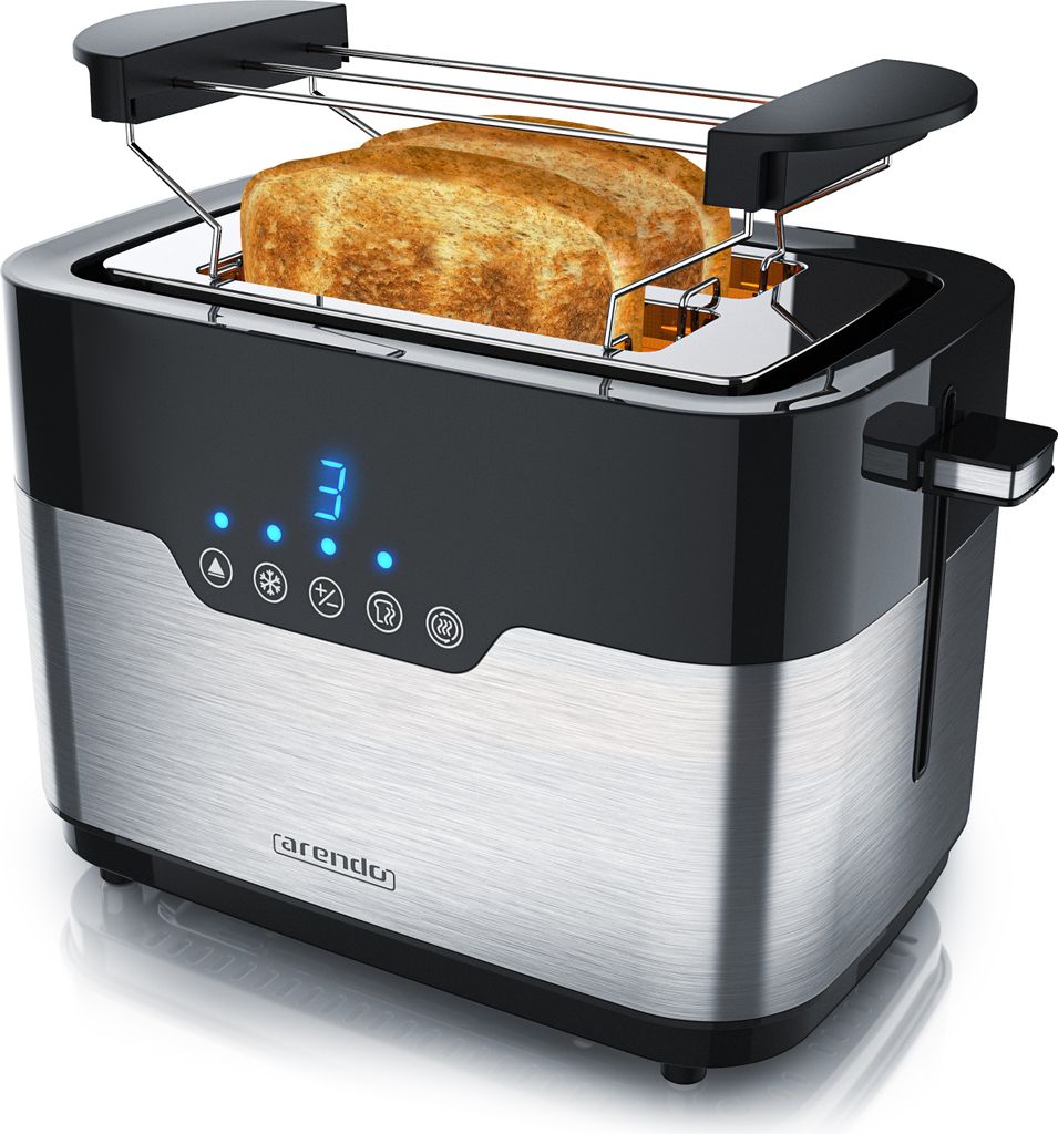 Arendo 2-Scheiben Toaster MORGEN Edelstahl, 920 W, mit extra breiten Schlitzen, Touchpanel mit LED-Anzeige, Schwarz/Silber