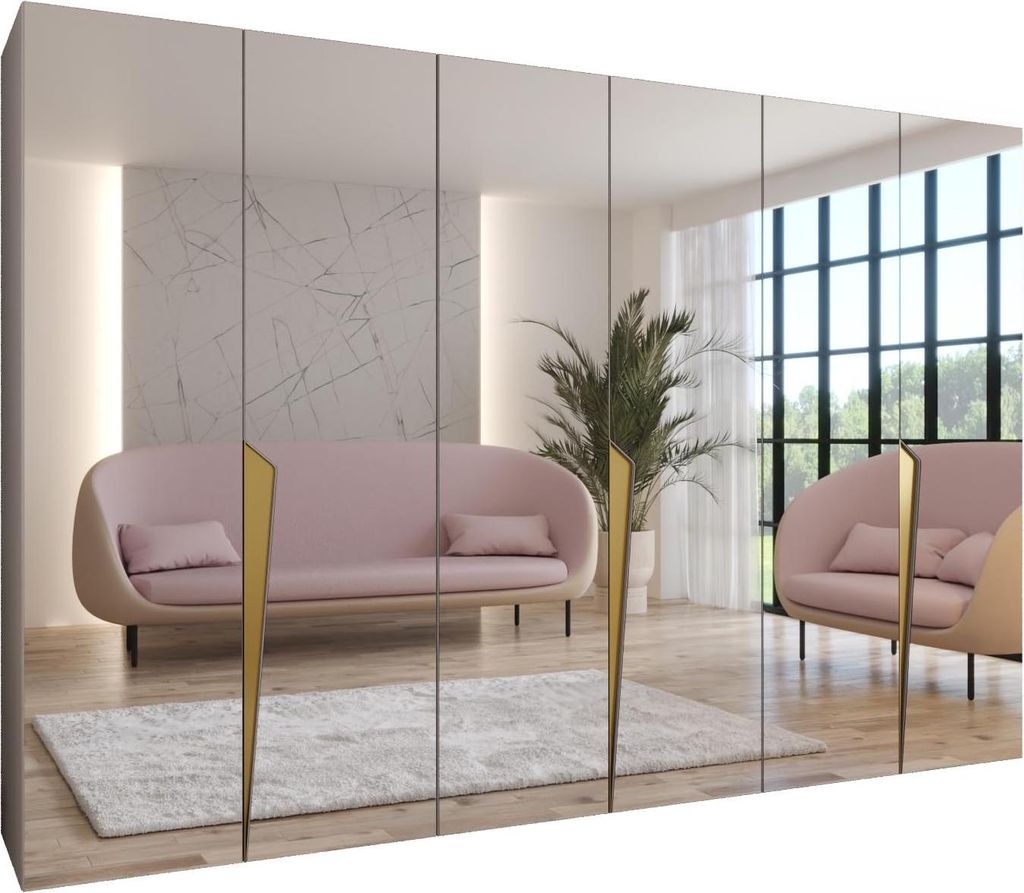 MEBLE KRYSPOL Schrank 300x202x52 cm mit Kleiderstange & Spiegel, 6xTür, PIANO, Kaschmir, Griff Gold