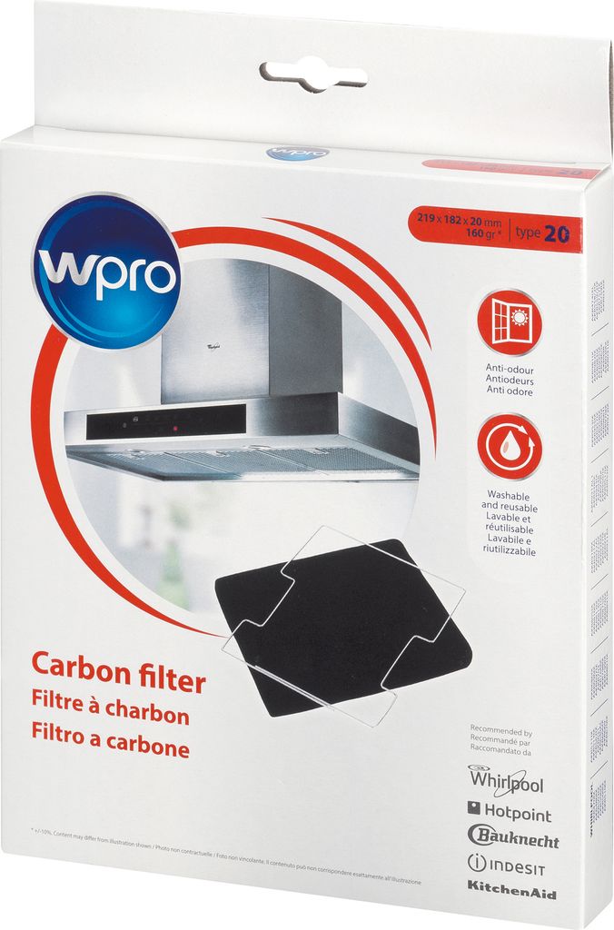 The image shows the retail packaging of a Wpro carbon filter for a kitchen hood.