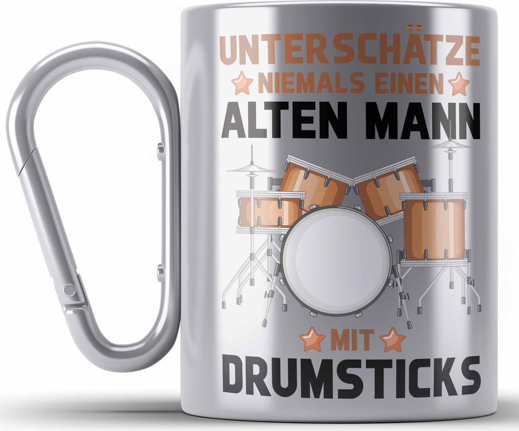 Trendation - Schlagzeug-Spieler Edelstahl Tasse Karabiner Geschenk Männer Kinder Geschenkidee Geburtstag Weihnachten Unterschätze Niemals Einen A...