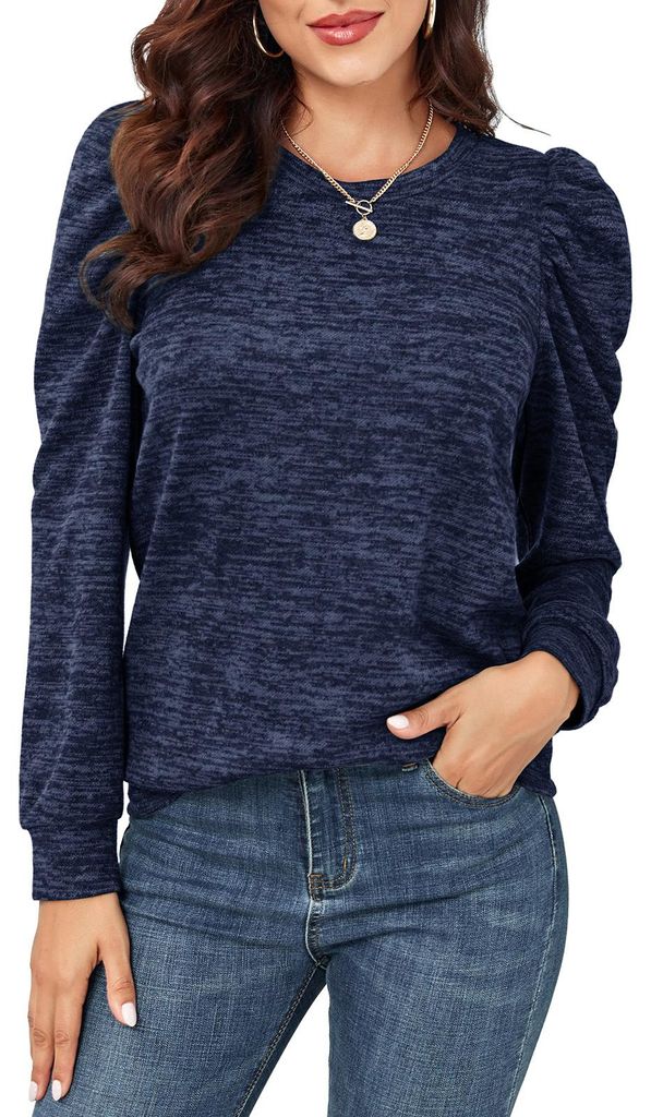 Damen-Sweatshirt mit Rundhalsausschnitt, modisch, lässig, lockerer Saum, lange Puffärmel, Pullover, Tops, Bluse für die Arbeit, Marineblau, M