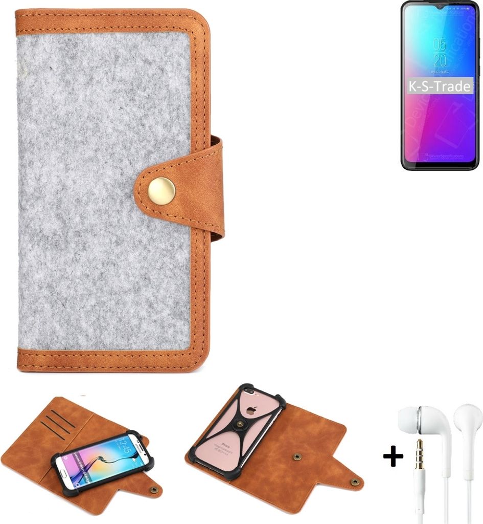 K-S-Trade Handyhülle + Kopfhörer kompatibel mit Blackview A70 Schutzhülle Filz Hülle Kunstleder hellgrau braun (1x)