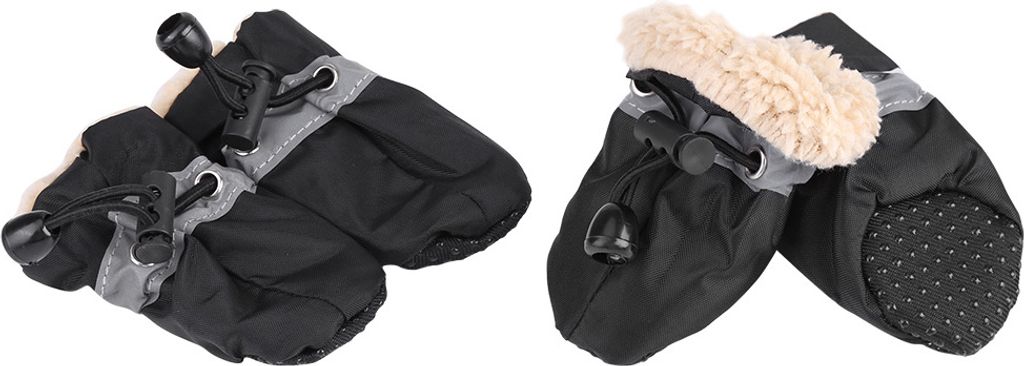 Two pairs of dog boots are shown against a white background. One pair is shown from the side, and the other from the front.