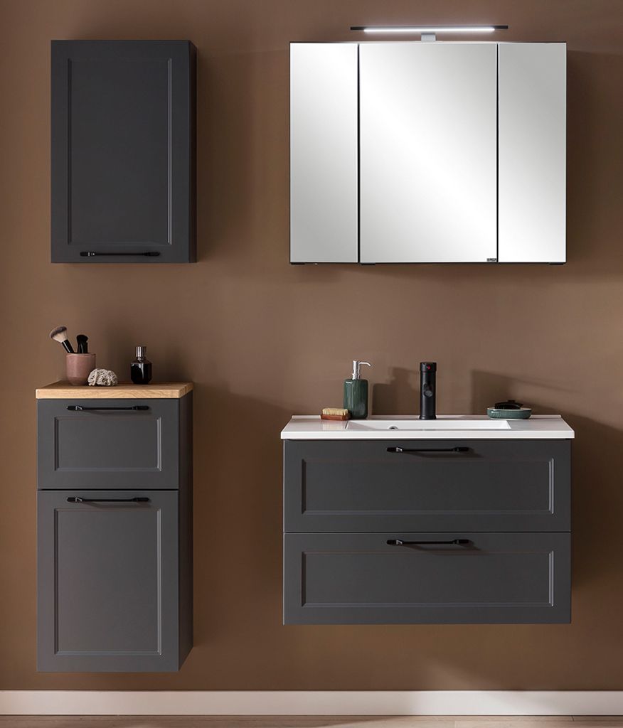 Badezimmer Set im Landhaus Stil mit Waschbecken & LED-Spiegelschrank in dunkelgrau MARLING-03, B/H/T ca. 140/200/47