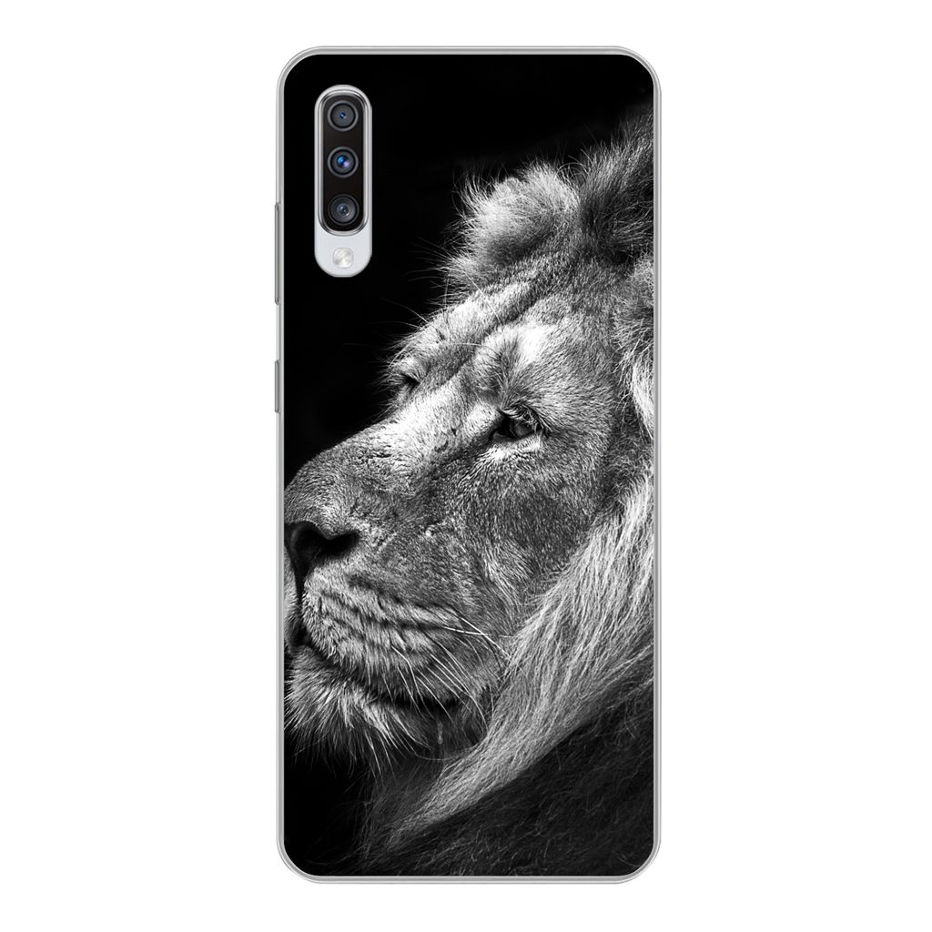 MuchoWow Handyhülle Schutzhülle Hülle für Samsung Galaxy A70 Löwe vor schwarzem Hintergrund in schwarz und weiß Silikon Softcase Handy Hül...