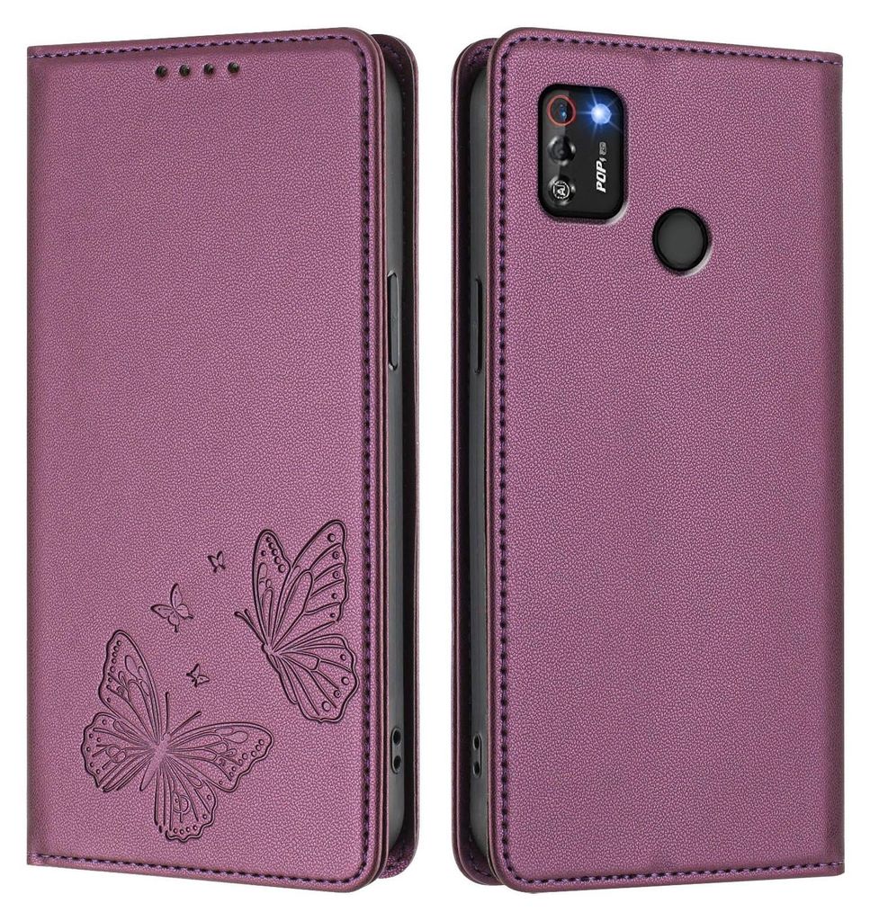 Lederhülle für Tecno Pop 4 Pro, Schmetterling Prägung Leder Brieftasche Schutzhülle mit Ständer Lila