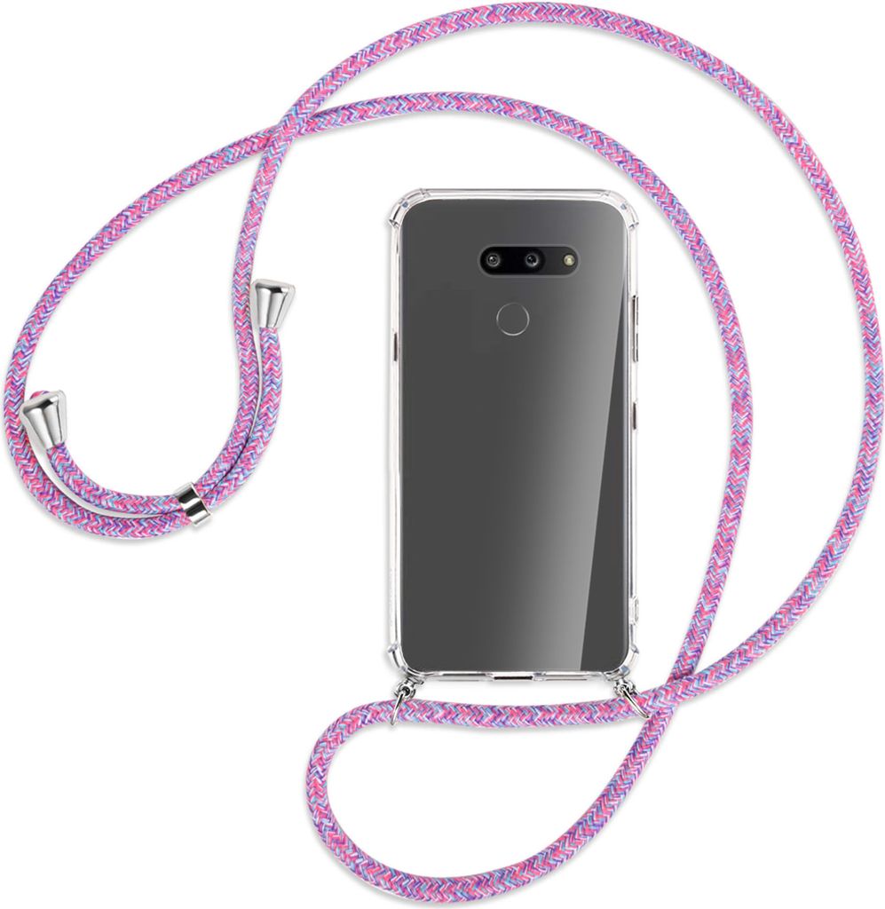 Handykette Backcover-Schutzhülle mit Band (Metall silberfarben) für LG G8X ThinQ - lila/rosa/blau