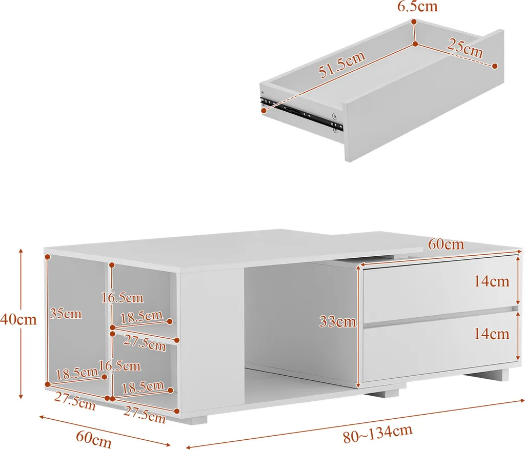 CLIPOP Table basse extensible blanche LED - 4 Tiroirs et Étagère Bois