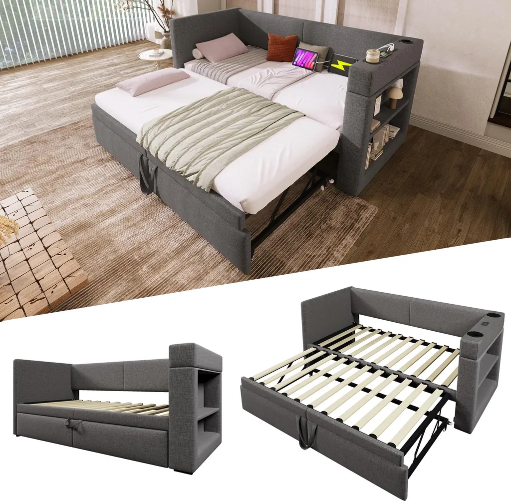 Lit banquette 90x200 gris pour chambre d'amis avec couchage d'appoint - 14