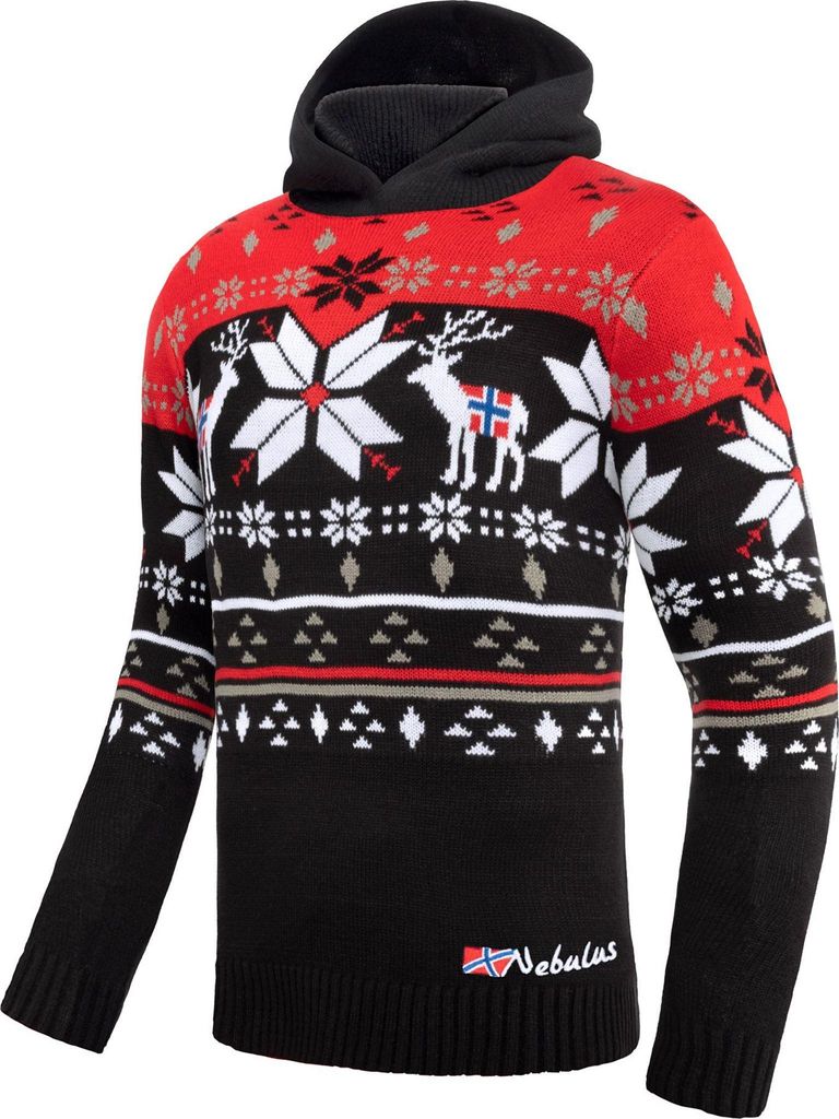 Nebulus Norweger Strick-Hoodie NORJAN Herren, warmer Pullover , praktischer & vielseitiger Kapuzenpullover , P6182 - Herren, schwarz-rot, XL