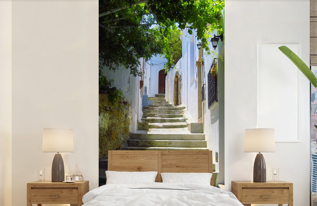 MuchoWow Fototapete für Wohnzimmer oder Schlafzimmer Wandtapete Vinyl Motivtapete Schöne Treppen in den Straßen der Altstadt von Rhodos - 120x...