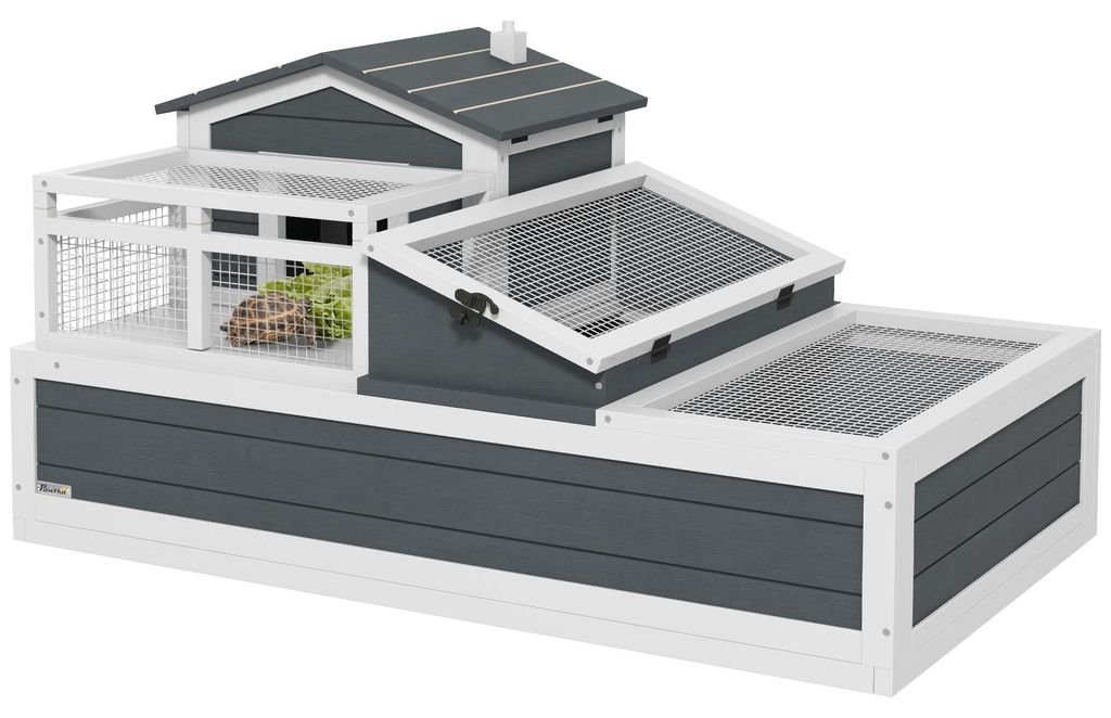 PawHut Schildkrötenhaus aus Holz, Schildkrötengehege mit 2 Ebenen, Balkon, Grau