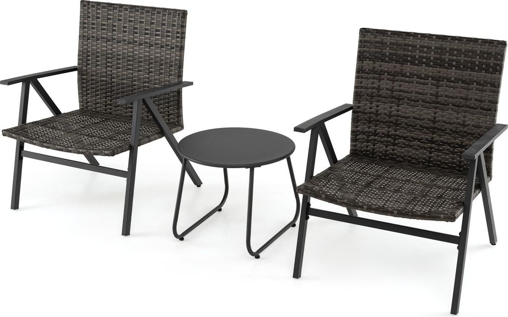 COSTWAY 3 tlg. Gartenmöbel Set, Balkonmöbel mit 2 Polyrattan-Stühlen, Tisch & Rückenlehne, Balkonsetz Sitzgruppe Grau
