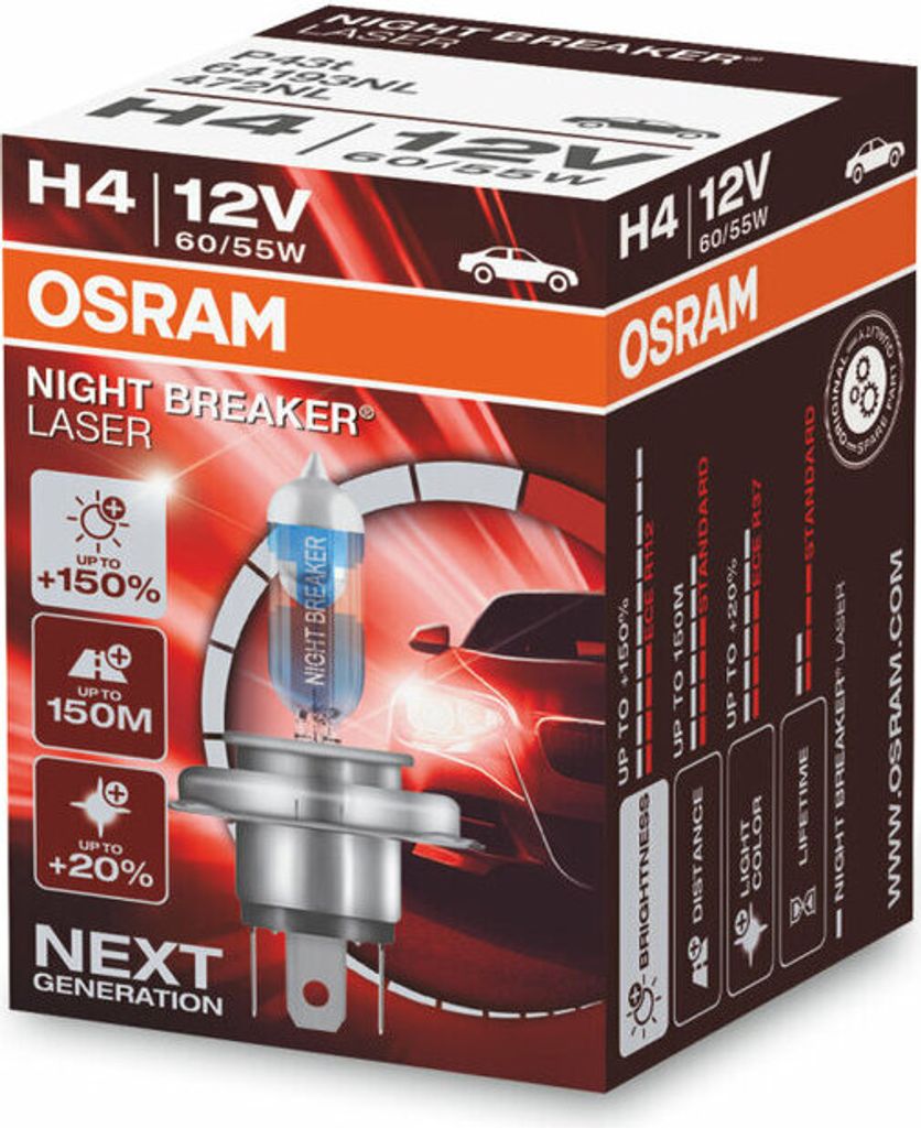 A product box for OSRAM H4 Night Breaker Laser headlights, showing the product and marketing graphics.