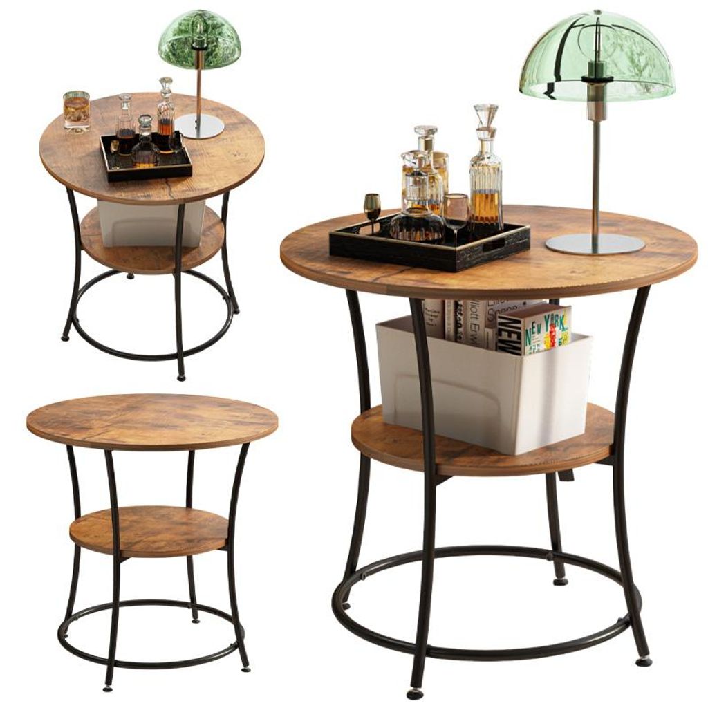Runder Couchtisch im Industrie-Stil für das Wohnzimmer mit Regal, Braun Loft