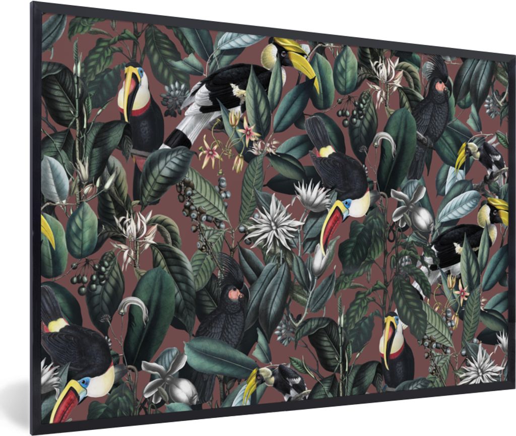 MuchoWow MuchoWow Gerahmtes Poster Blumen - Vögel - Blätter 90x60 cm - Poster mit zchwarzem Bilderrahmen - Fotorahmen - Foto-Plakat