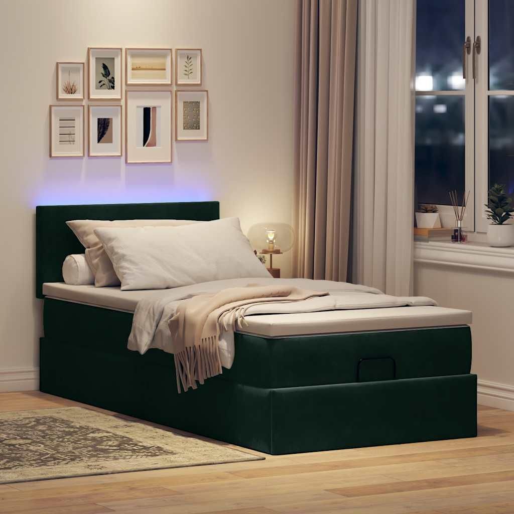 vidaXL Ottoman-Bett mit Matratze & LEDs Dunkelgrün 90x190 cm Samt