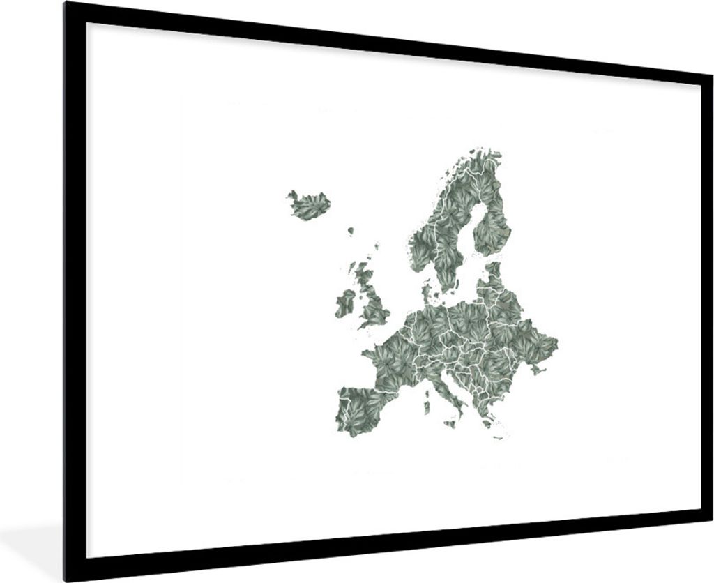 MuchoWow MuchoWow Gerahmtes Poster Karte - Europa - Palmblatt 90x60 cm - Poster mit zchwarzem Bilderrahmen - Wanddekoration - Fotos