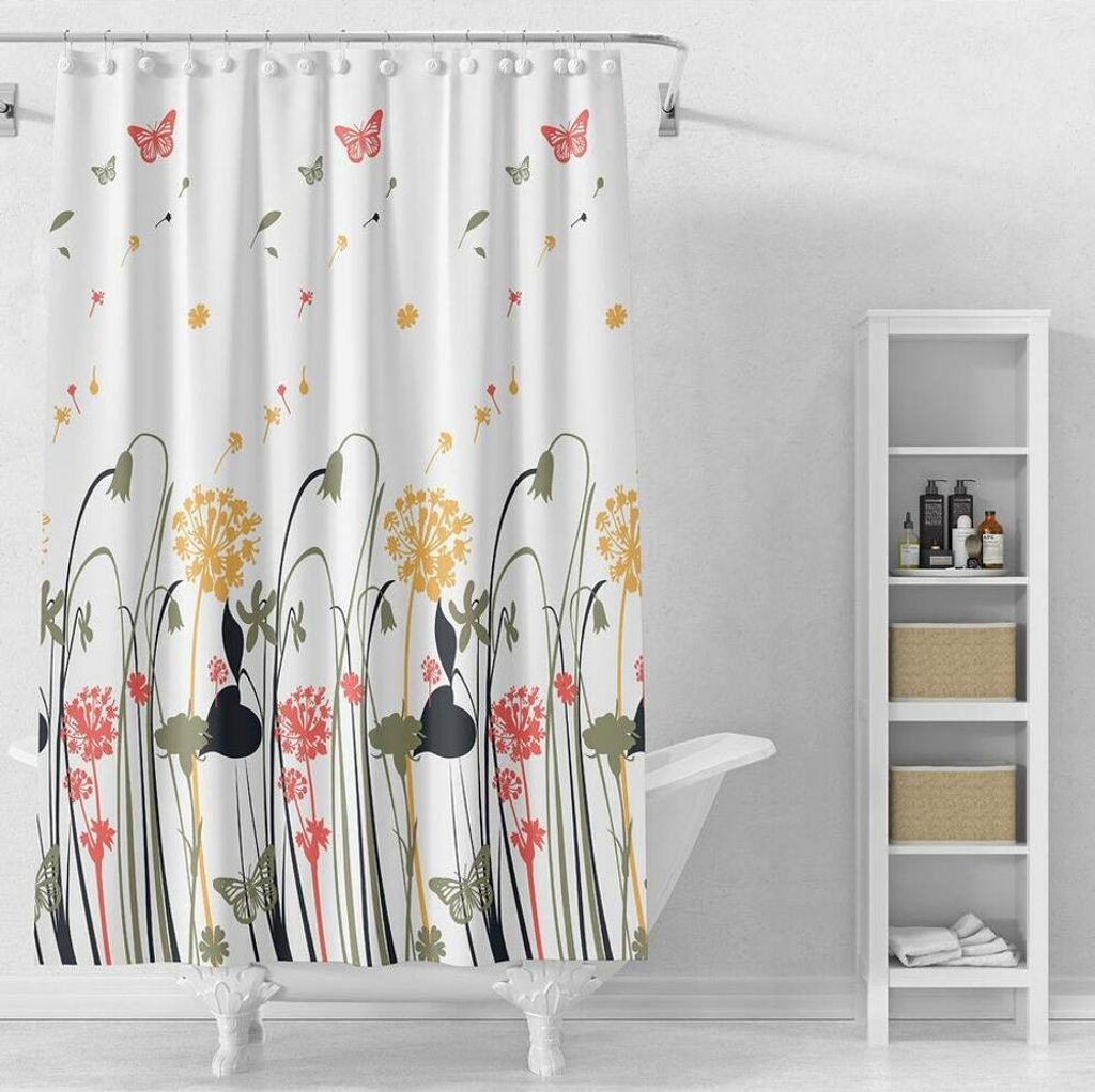 Duschvorhang 180x180cm, Vinyl, Weiß, farbige Blüten