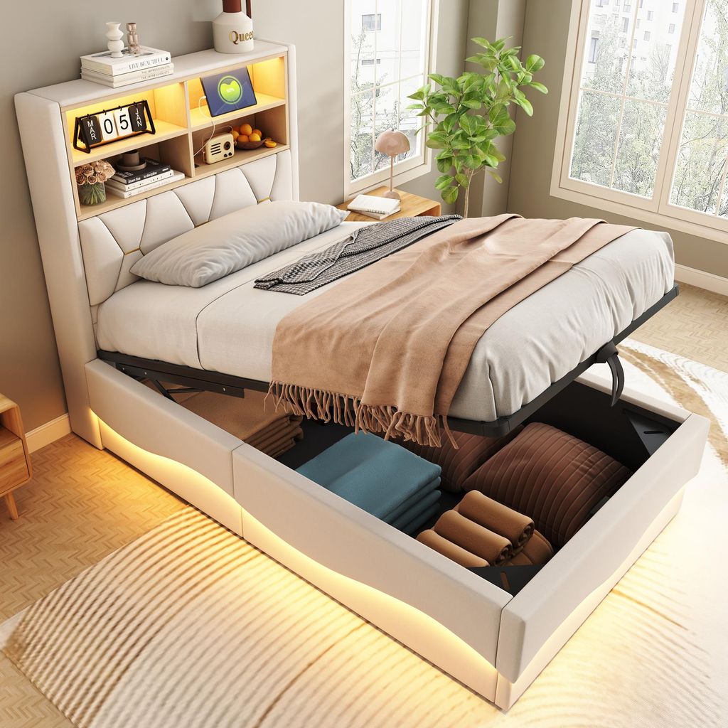 Merax Polsterbett aus Leinen 90x200cm mit LED-Beleuchtung, Produktbild 