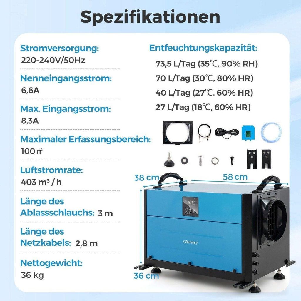 Industrieller Luftentfeuchter, 73,5 l/Tag, 3 Modi, Timer