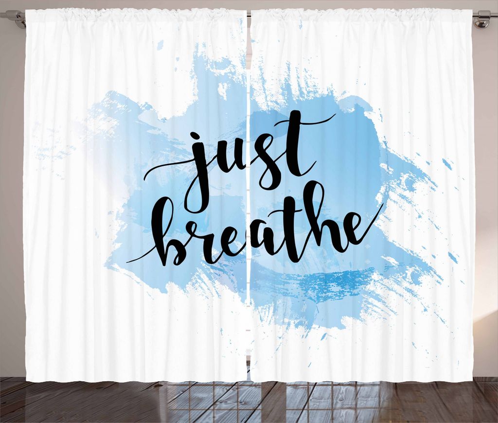 ABAKUHAUS Just Breathe Rustikaler Vorhang, Phrase auf Blau, Wohnzimmer Universalband Gardinen mit Schlaufen und Haken, 280 x 245 cm, Blassblau Schw...
