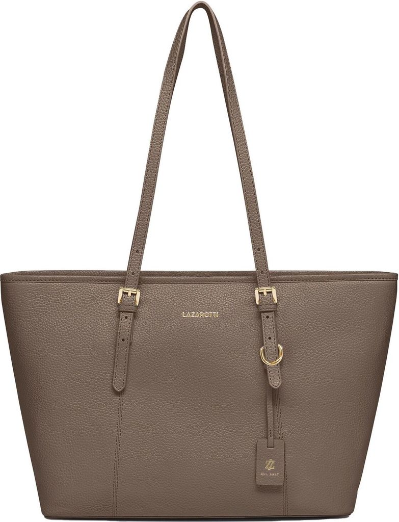 A studio shot of a taupe leather tote bag.