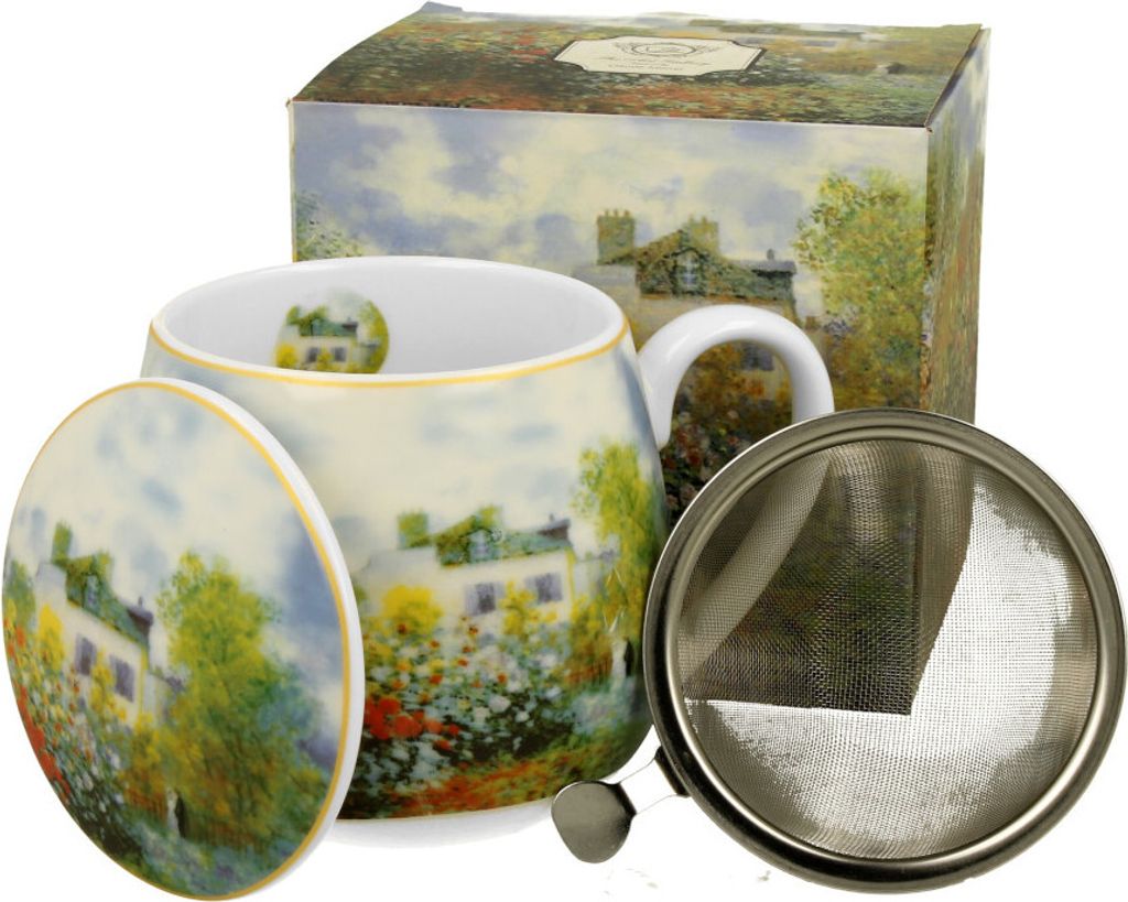 DUO ART GALLERY Fassbecher 430 ml THE GARDEN AT ARGENTEUIL mit Teesieb, New Bone China Porzellan