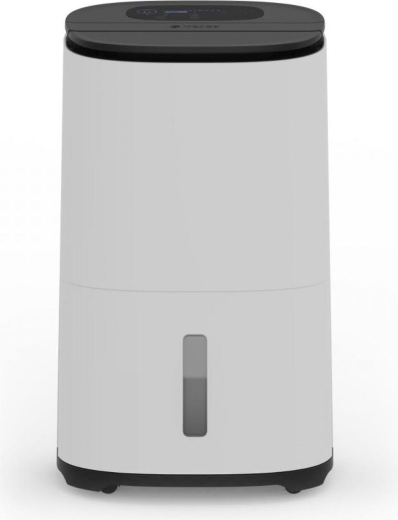 A white dehumidifier with a black top and base, shown against a white background.