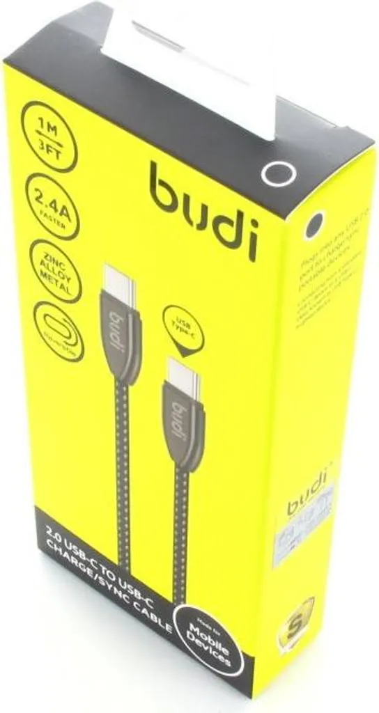 Câble USB-C Budi 1m Noir - Charge Rapide 2.4A avec Connecteurs Renforcés