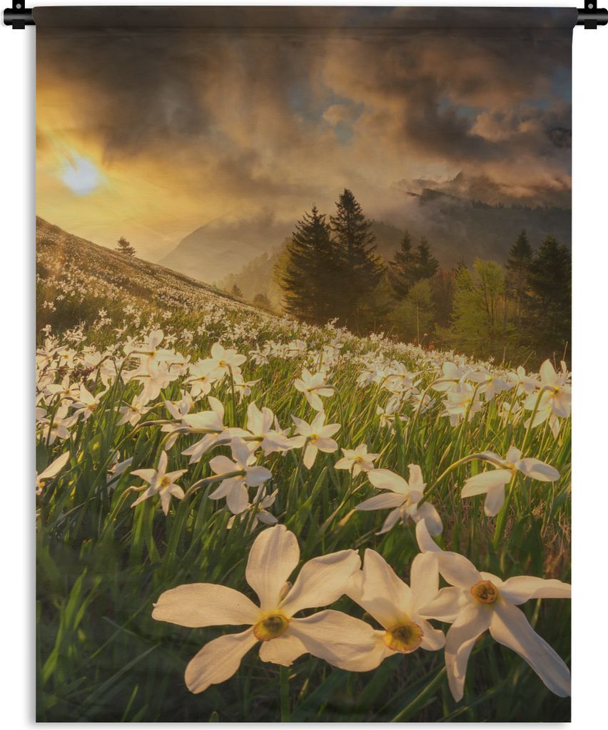 MuchoWow Wandteppich Wandbehang Blumenfeld - Hügel - Sonnenuntergang - Berg - Natur - Weiß - Hügel 150x200 cm Tapisserie Dekoration Wandtuch -...