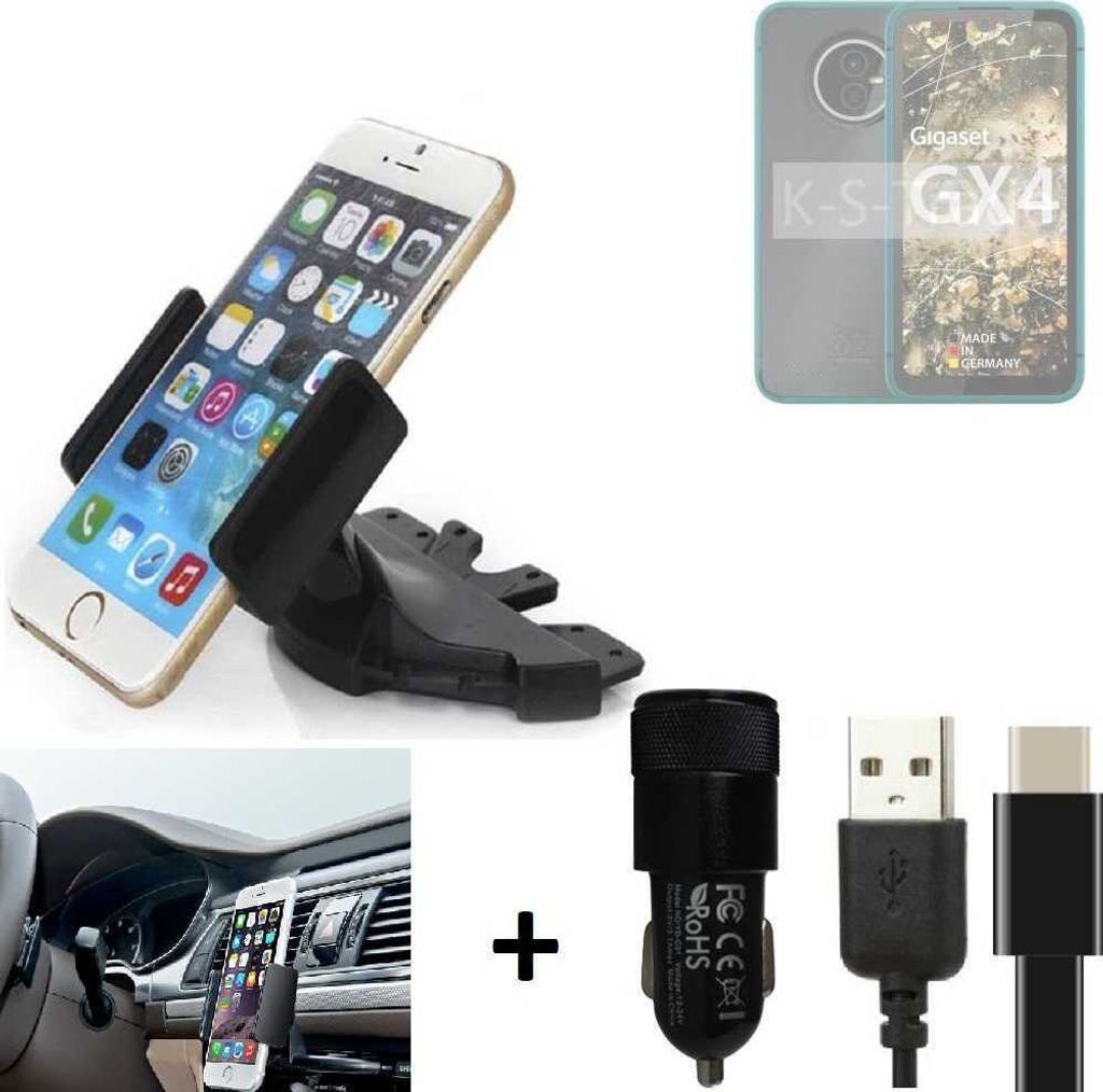 K-S-Trade CD Schlitz Handy-Halterung kompatibel mit Gigaset GX4 Autohalterung KFZ-Halter Radio Handy Halterung 360° drehbar CD-Schacht inkl. USB-C