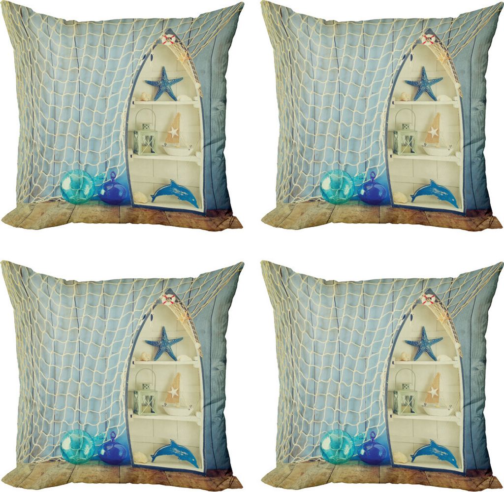 ABAKUHAUS Nautisch Kissenbezug Set (4 Stück), Aquatic Objekte Boote, Moderner Doppelseitiger Digitaldruck, 60 cm x 60 cm, blau Beige