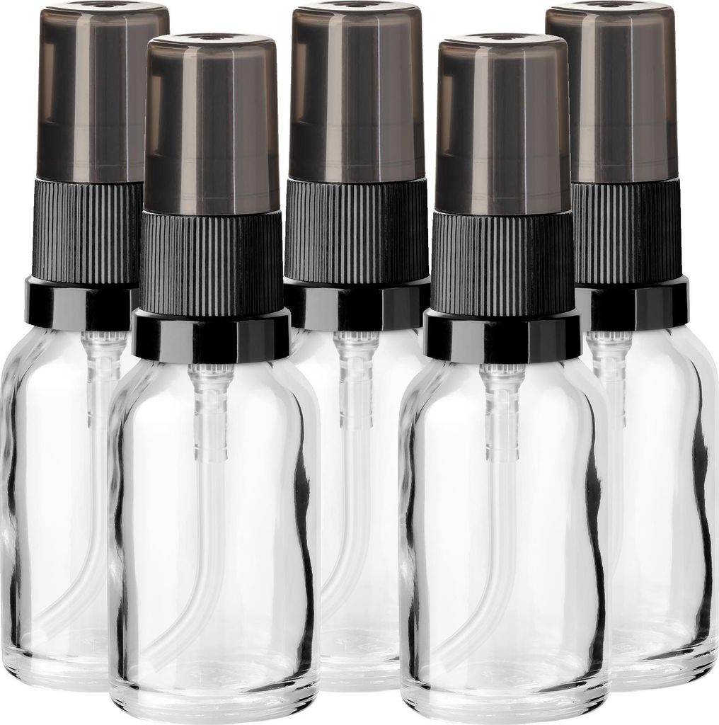 5x Klare Glasflasche 15 ml mit schwarzer Pumpe und Kappe 18/415 leer