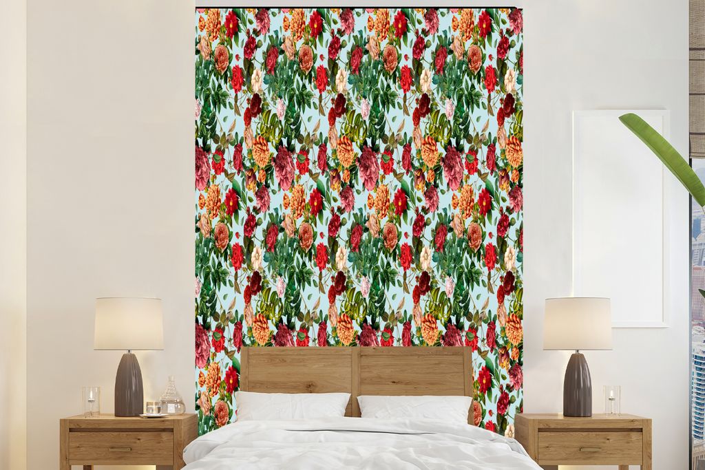 MuchoWow Fototapete für Wohnzimmer oder Schlafzimmer Wandtapete Vinyl Motivtapete Blumen - Rosen - Illustration - 160x240 cm - Vinyltapete