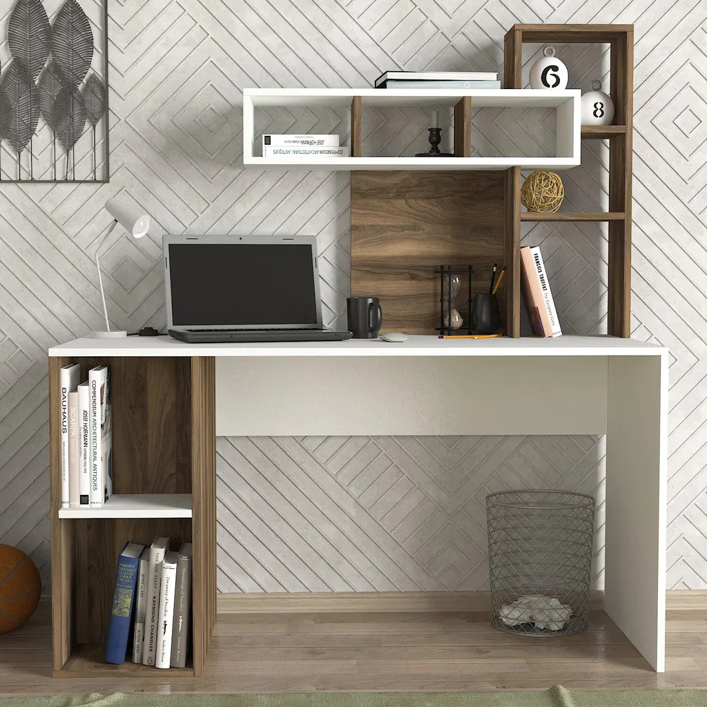 Bureau d'angle avec étagères intégrées blanc noyer 140x60x154 cm - 2
