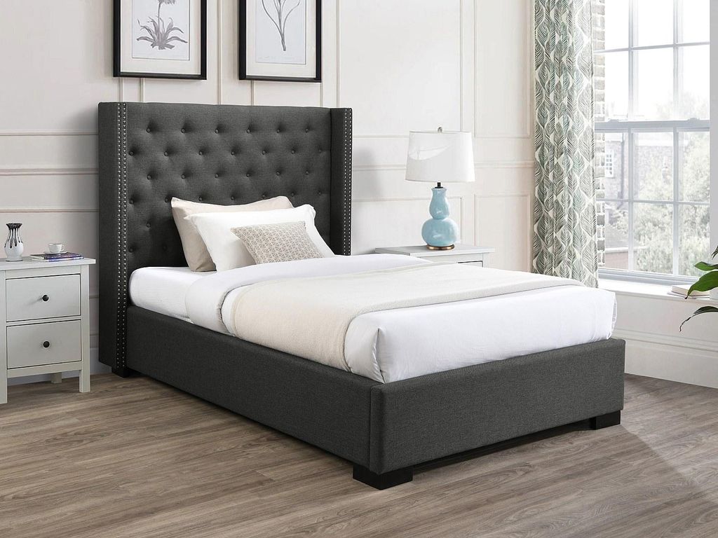 Bett 120 x 200 cm mit gestepptem Kopfteil - Stoff - Grau - MASSIMO