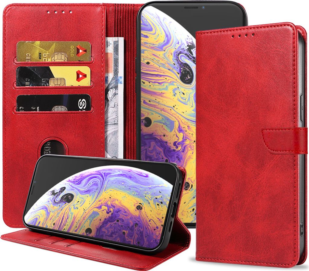 Passend für iPhone X/Xs Handytasche Kunstleder mit magnetischer Lippe und Kartenhalter Buchhülle mit Klappe - Rot - Smartphonica