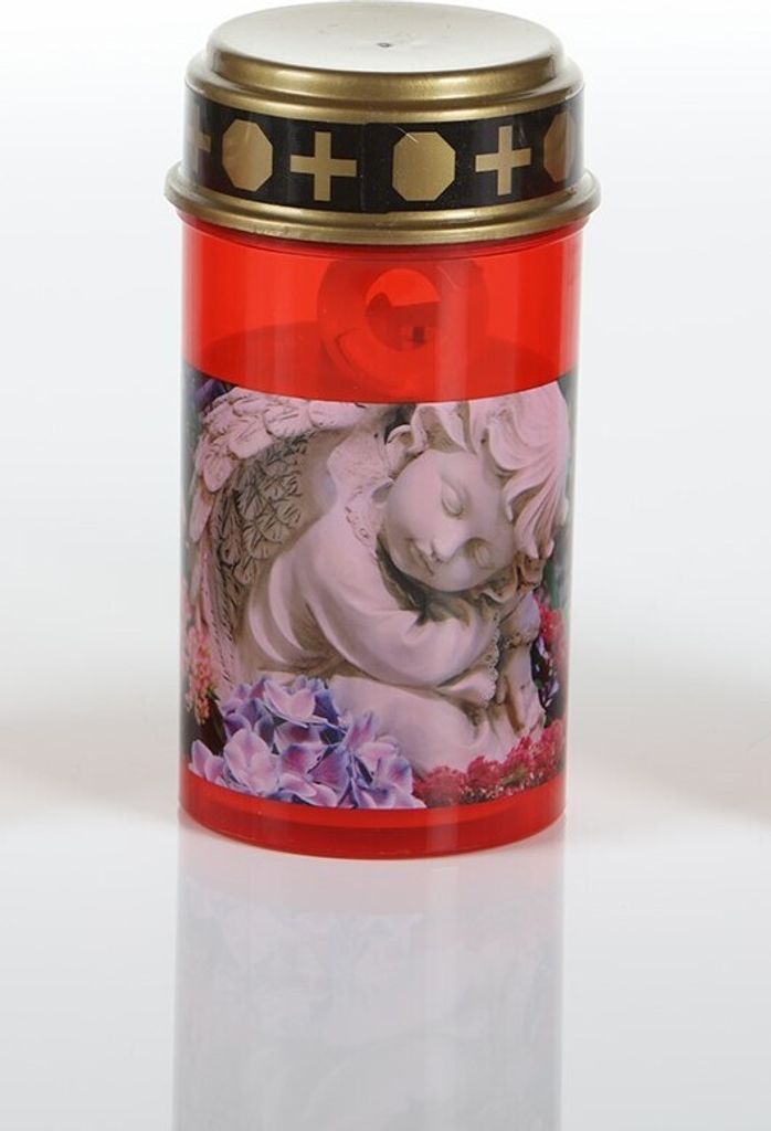 LED Grabkerze mit Motiv Engel mit Dorn, rot