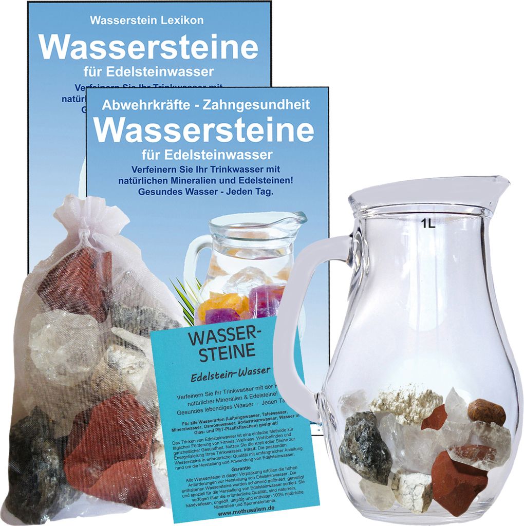Edelstein Wasser Diät Kombination 5-tlg Set zum Wasser energetisieren + 1 Liter Glaskrug + Beschreibung