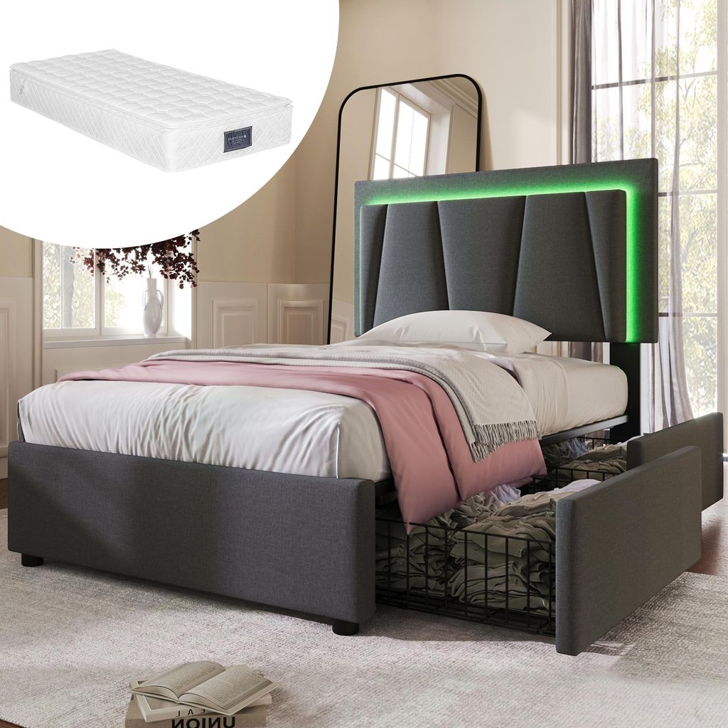 Polsterbett 90x200 cm mit LED-Beleuchtung & 2 Schubladen – Einzelbett in Grau, höhenverstellbares Kopfteil, inkl. Lattenrost & Matratze