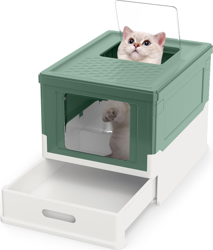 COSTWAY Katzenklo faltbar, Katzentoilette mit Deckel, ausziehbarem Tablett & Fronteinstieg, für bis 10 kg, aus PP, pflegeleicht (Grün)