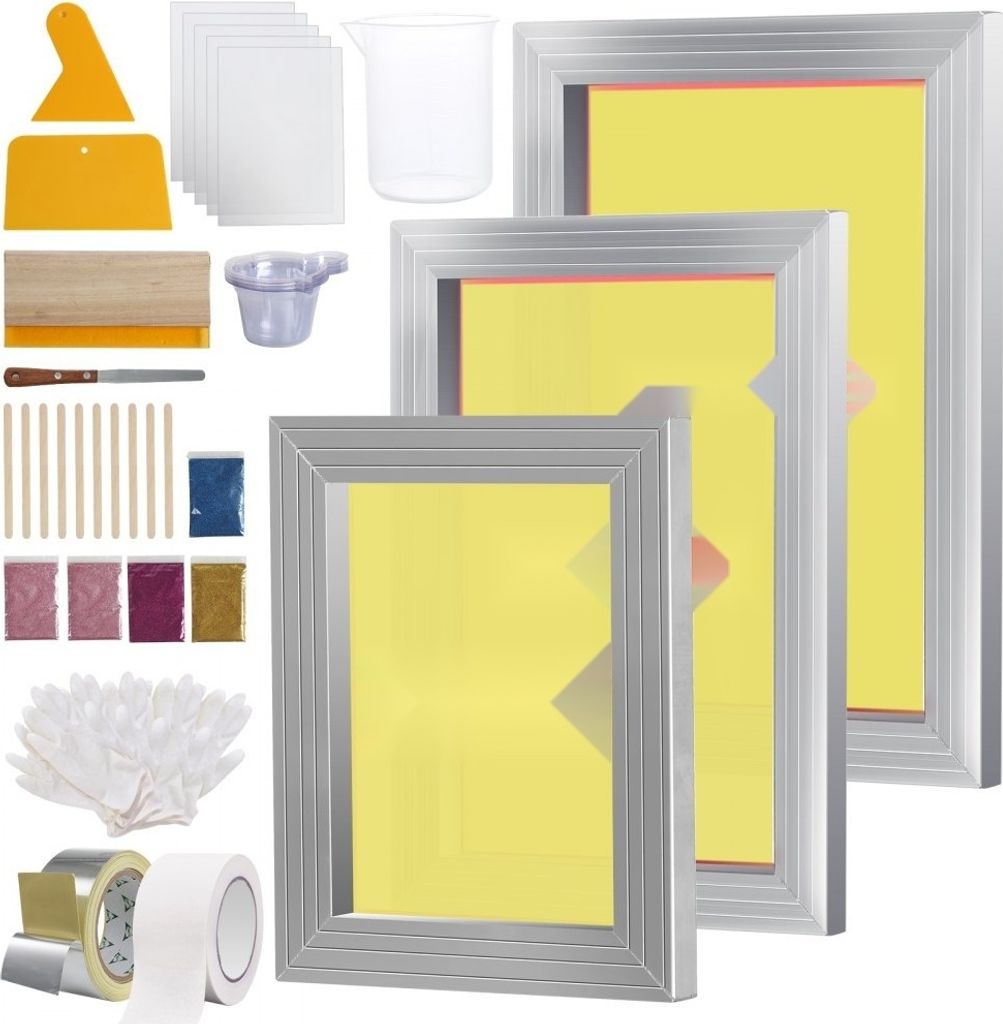 Siebdruck Kit - 3 Aluminium Siebdruck Rahmen-Set 6x10/8x12/10x14 Zoll 110 Mesh - 5 Glitter - Siebdruck-Rakel und Folien für T-Shirts und DIY Druck